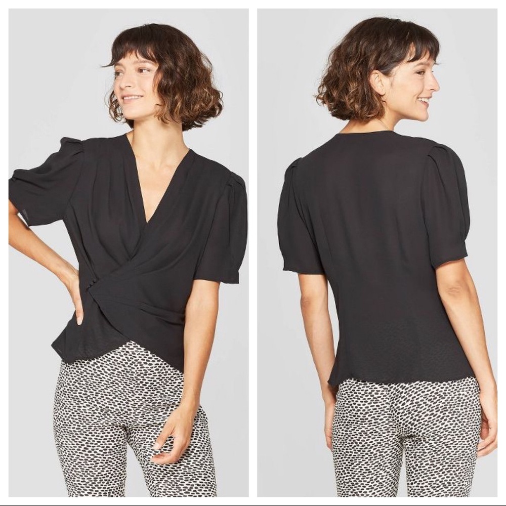NWT Black Short Sleeve Deep V-Neck Wrap Top